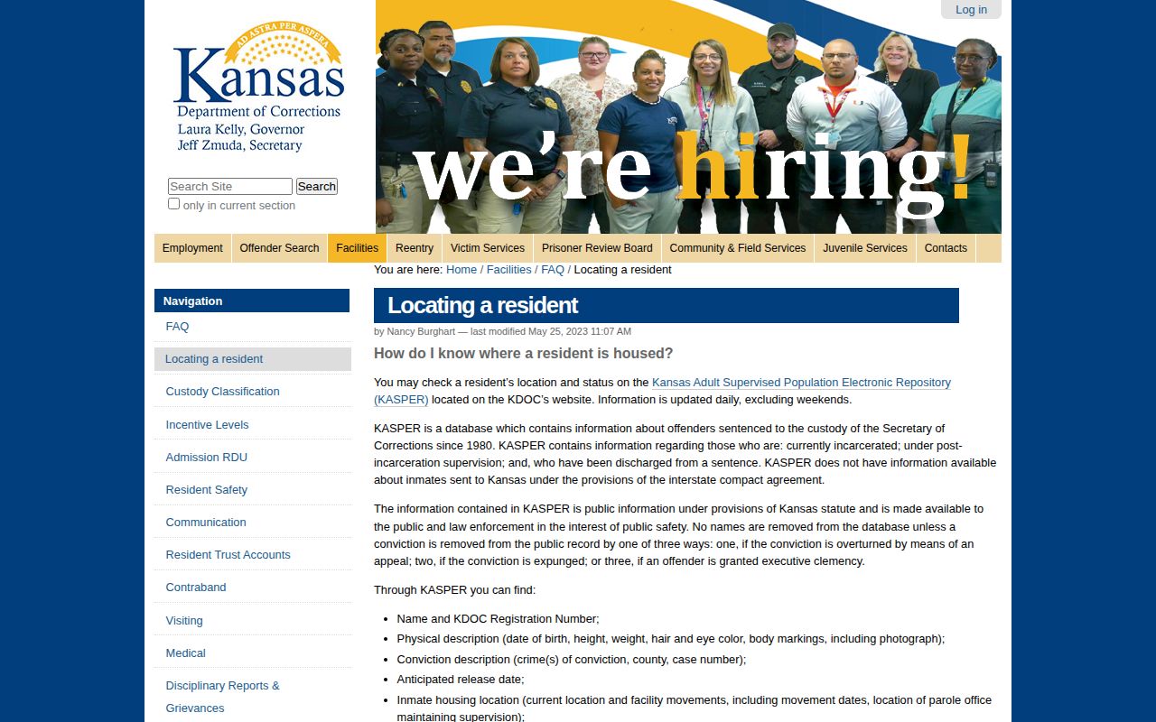 Kansas Department of Corrections guidance describing KASPER coverage and the Anticipated release date field